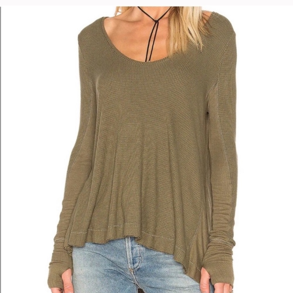 Green free people waffle thermal top xs